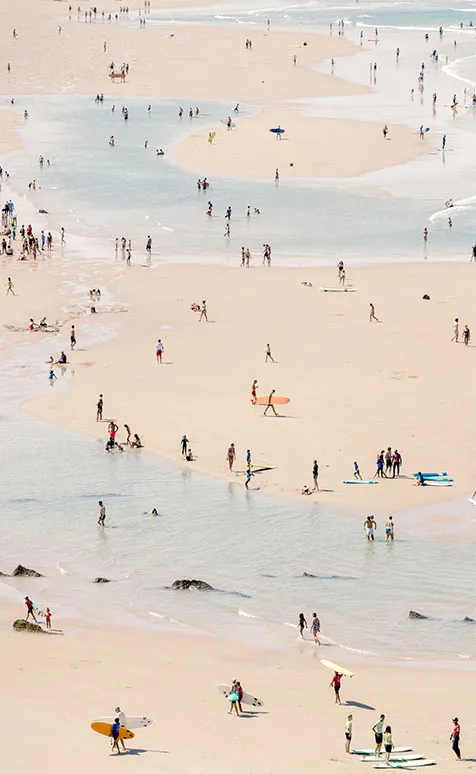 Surfeurs et baigneurs à la plage